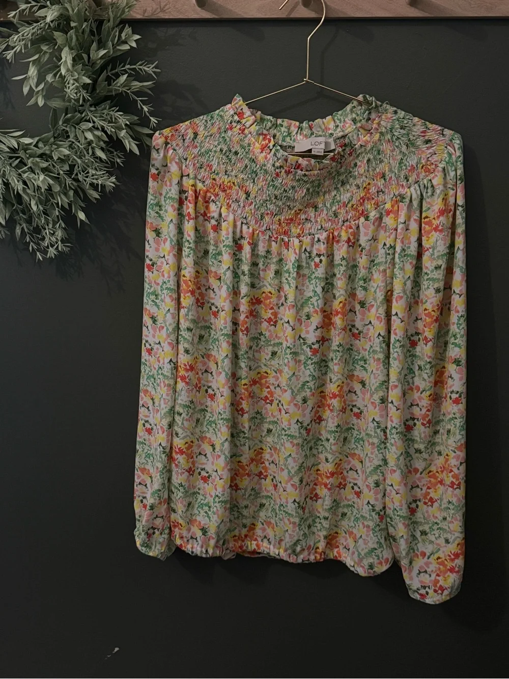 LOFT Multicolor Floral Smocked Top in Green, Pink & Yellow